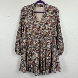 Entro Boho Long Sleeve Floral Chiffon V-Neck Tiered Mini Dress Multicolor Small